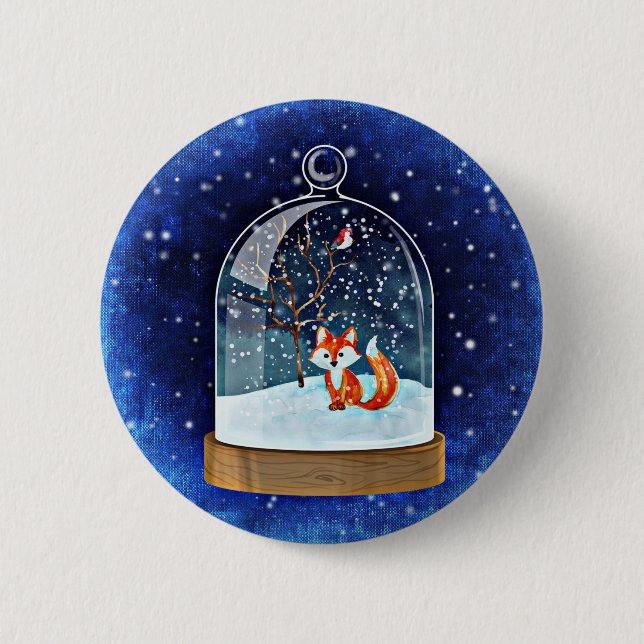 Cute fox inside a snow globe 6 cm round badge (Front)
