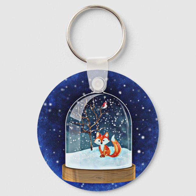 Cute fox inside a snow globe key ring (Front)