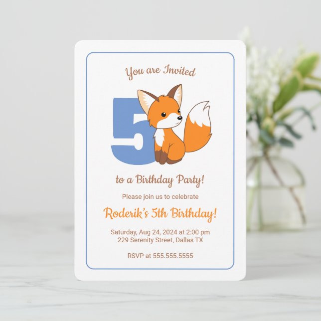 Cute Fox Kids 5th Birthday Invitation (Standing Front)