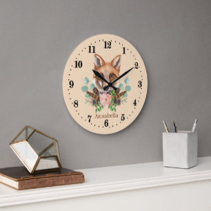 cute fox lovers add name large clock