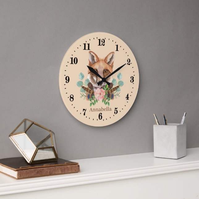 cute fox lovers add name large clock (Office)