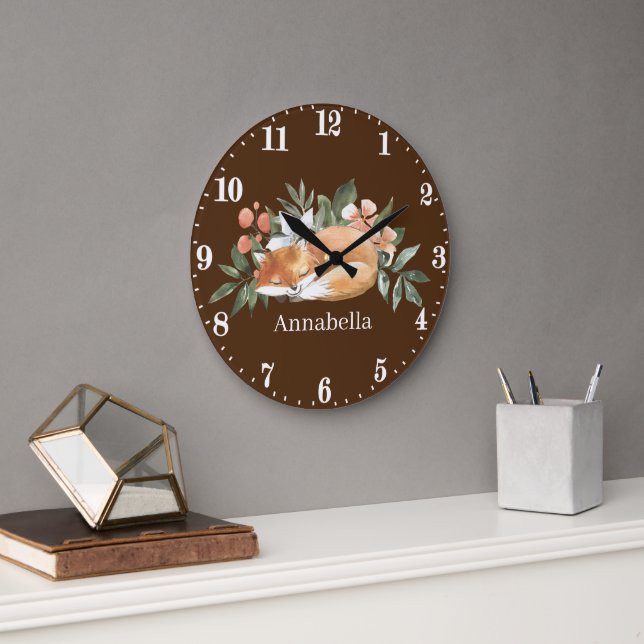 cute fox lovers add name large clock (Office)