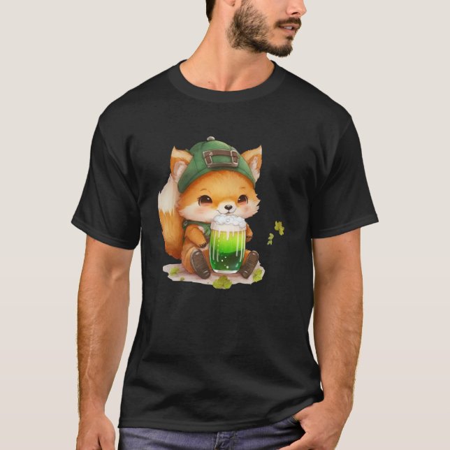 Cute Fox Loves Beer St Patrick s Day Fox T-Shirt (Front)
