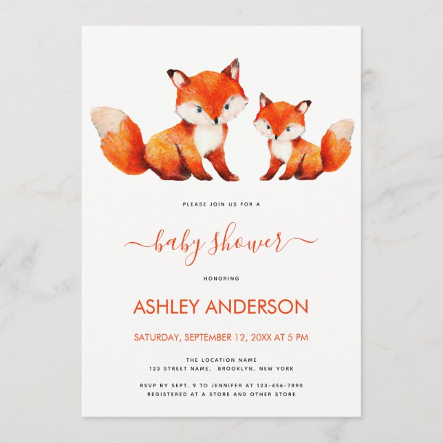 Cute Fox Mama and Baby Shower Red Watercolor  Invitation (Front)