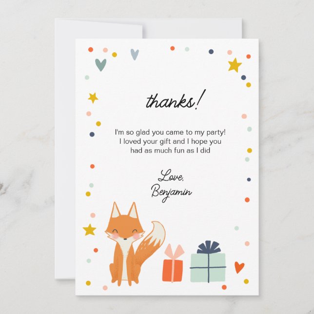 Cute Fox Modern Children's Party Thank You Card (Front)