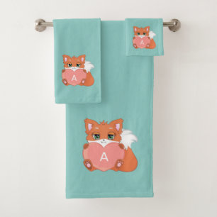 Cute Fox & Monogram on Light Blue Bath Towel Set