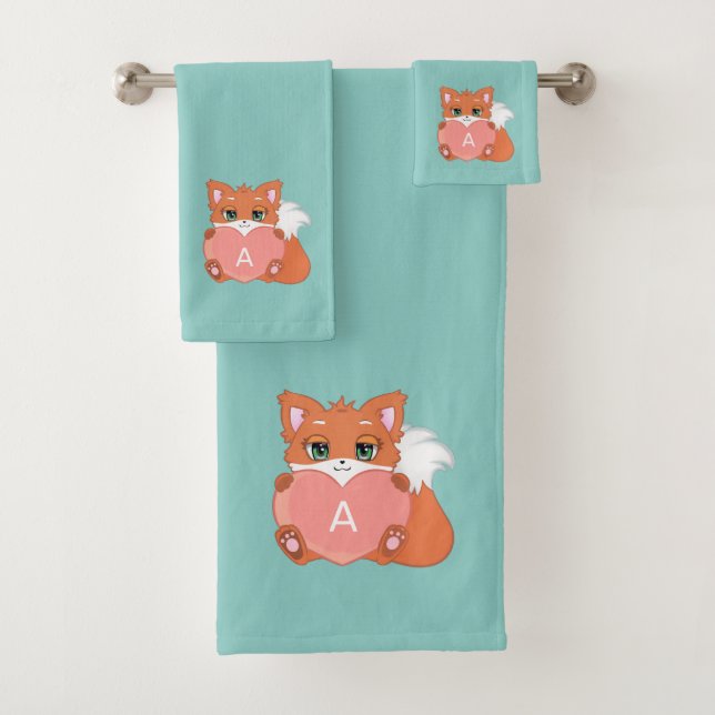 Cute Fox & Monogram on Light Blue Bath Towel Set (Insitu)