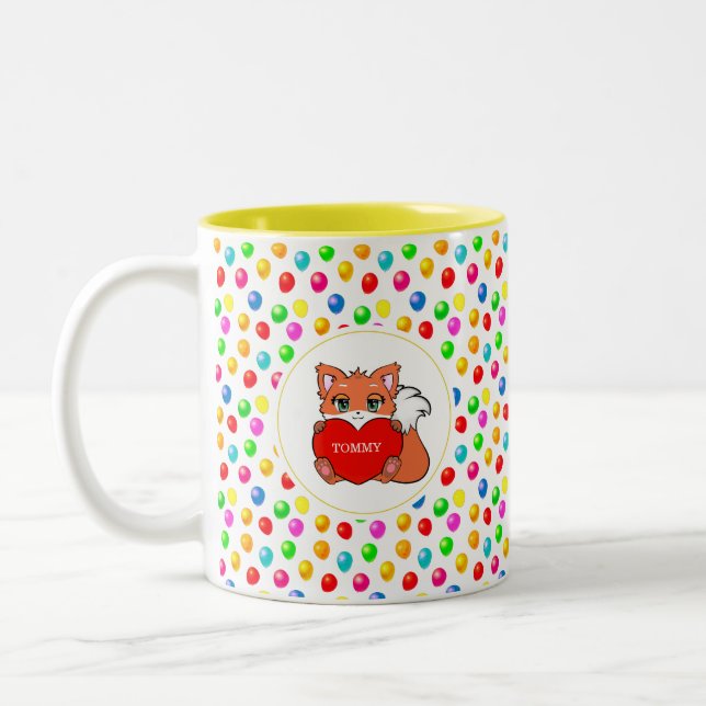 Cute Fox & Multicolored Festive Balloons Two-Tone Coffee Mug (Left)