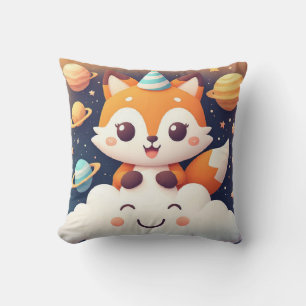 Cute Fox on a Smiling Cloud With Planets and Stars Cushion