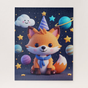 Cute Fox on a Smiling Cloud With Planets and Stars Jigsaw Puzzle