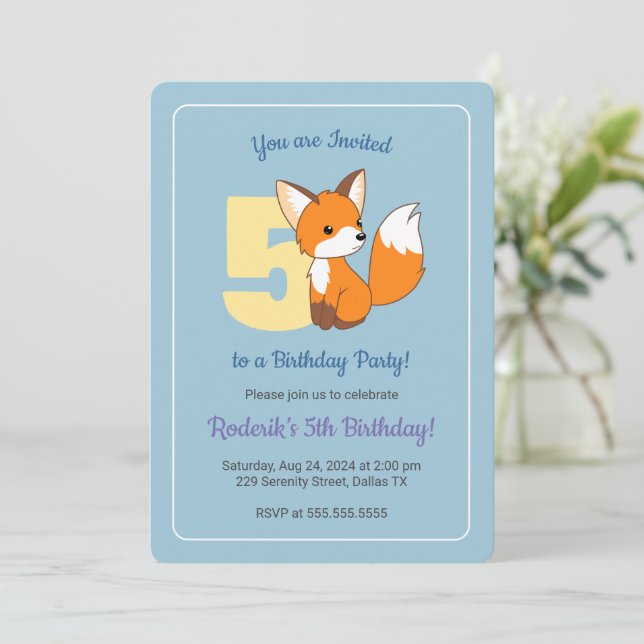 Cute Fox on Blue Boys 5th Birthday Invitation (Standing Front)