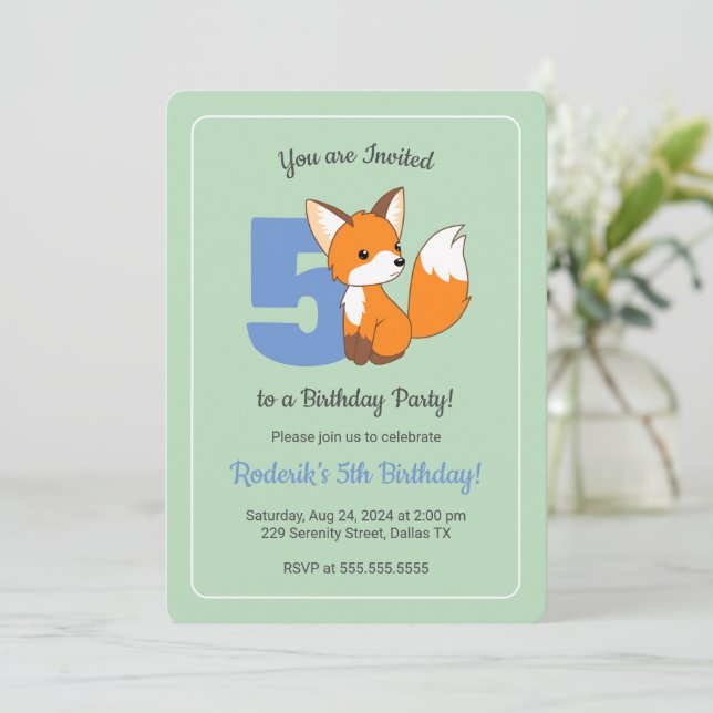 Cute Fox on Green Boys 5th Birthday Invitation (Standing Front)