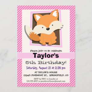 Cute Fox on Pink & White Stripes Invitation