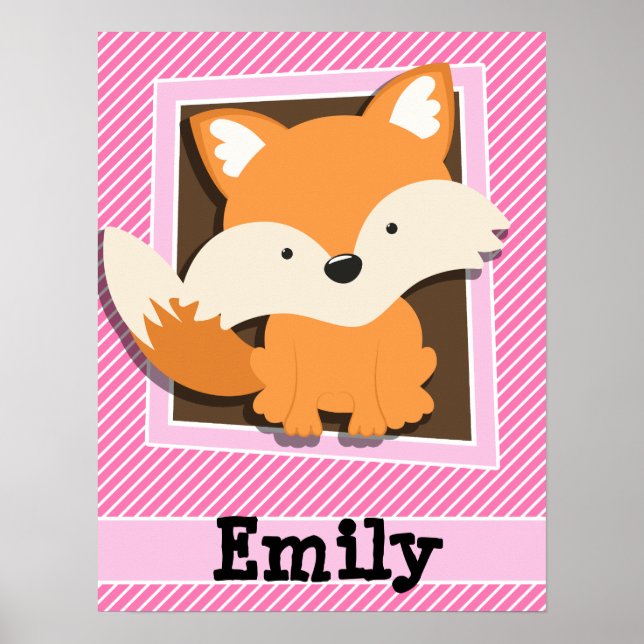Cute Fox on Pink & White Stripes Poster (Front)