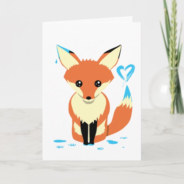 Cute Fox Painting Blue Heart Custom Greeting Card (Front)