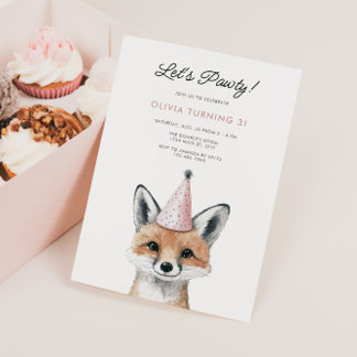 Cute Fox Party Hat Woodland Birthday Invitation