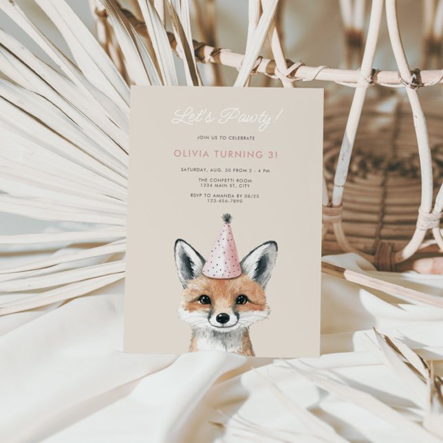 Cute Fox Party Hat Woodland Birthday Invitation (Girls Fox Party Hat Birthday Invite)