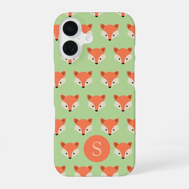 Cute Fox Pattern on Green Monogram iPhone 16 Case (Back)