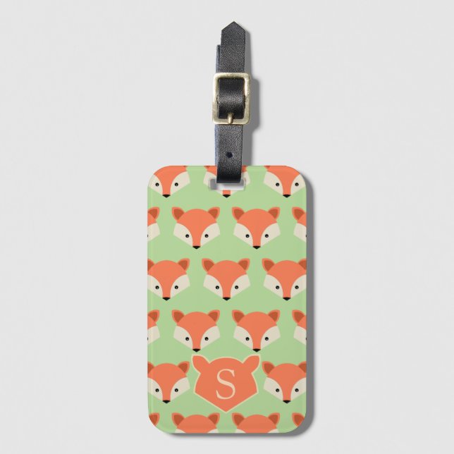 Cute Fox Pattern on Green Monogram Luggage Tag (Front Vertical)