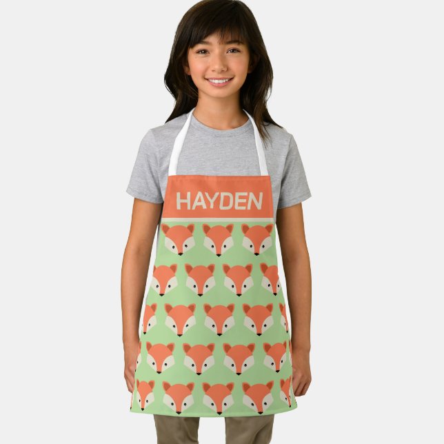 Cute Fox Pattern on Green Personalised Apron (Insitu)