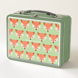 Cute Fox Pattern on Green Personalised Metal Lunch Box