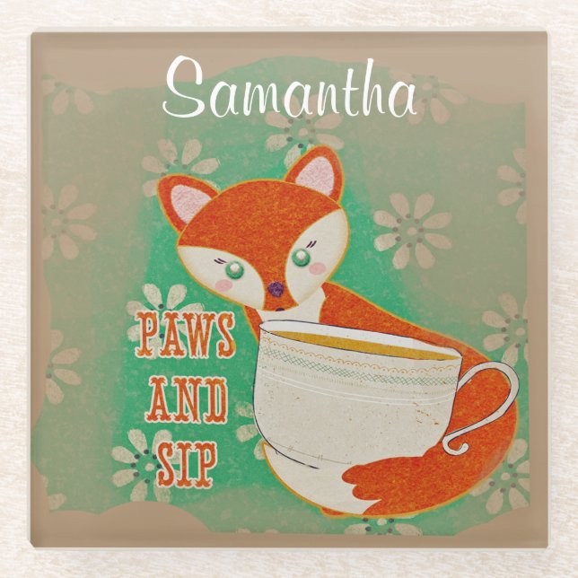 Cute Fox Paws and Sip Quote Personalised Glass Coaster (Front)