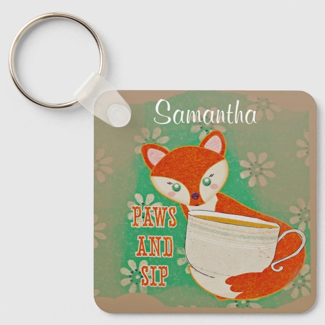 Cute Fox Paws and Sip Quote Personalised Key Ring (Front)