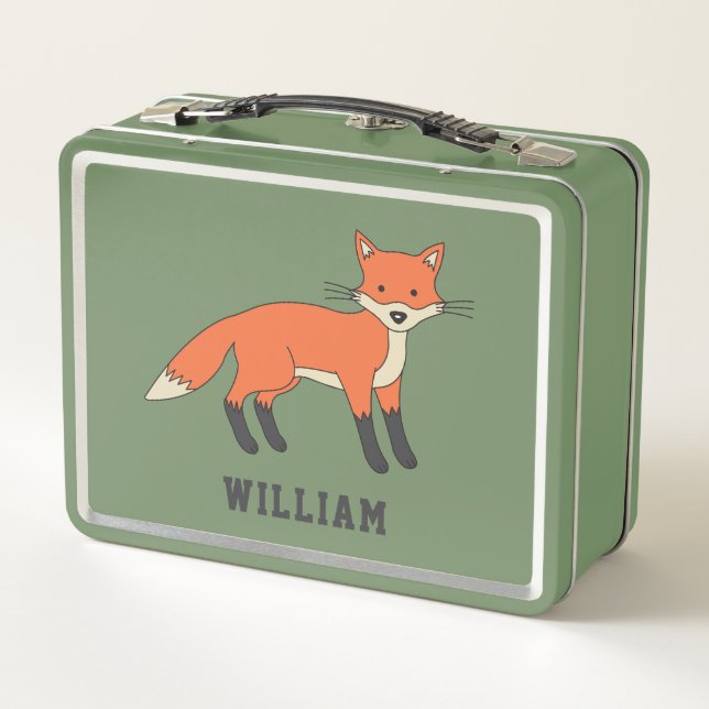 Cute Fox Personalised Custom Name Back To School Metal Lunch Box (Back)