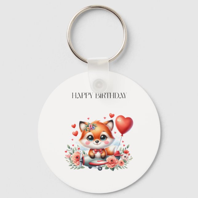 Cute Fox Pilot Birthday Key Ring (Front)