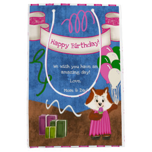 Cute Fox Pink Dress Balloons Happy Birthday Medium Gift Bag