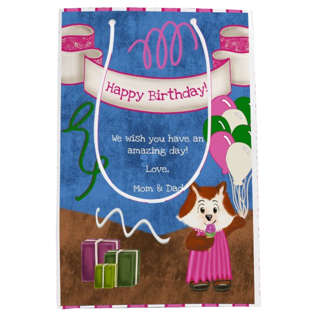 Cute Fox Pink Dress Balloons Happy Birthday Medium Gift Bag (Front)