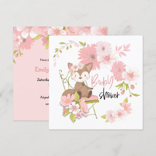 Cute Fox Pink White Flowers Girl Baby Shower Invitation