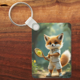Cute fox playing tennis in an enchanted forest, key ring