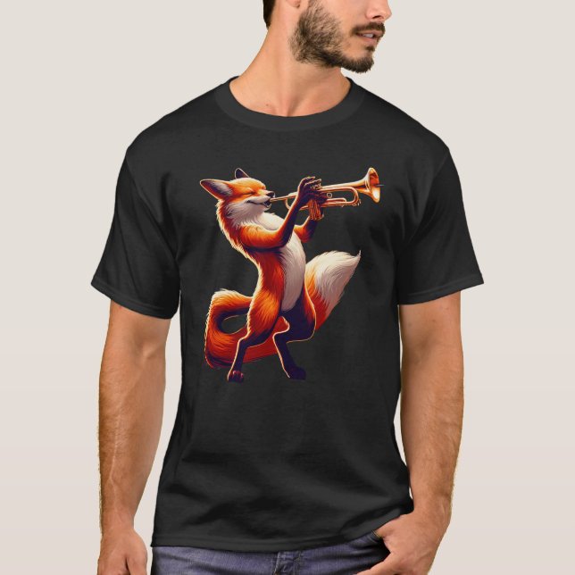 Cute Fox Playing Trumpet Foxes Musician Music T-Shirt (Front)