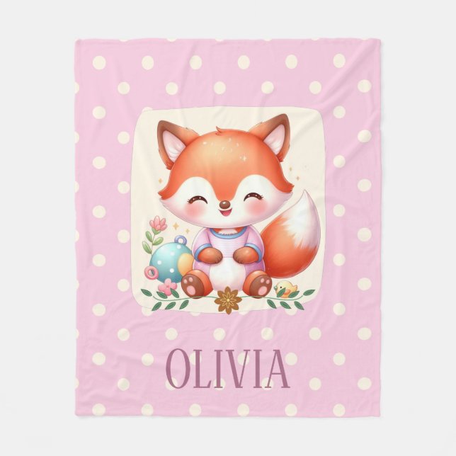 Cute Fox Polka Dot Elegant Personalised Fleece Blanket (Front)