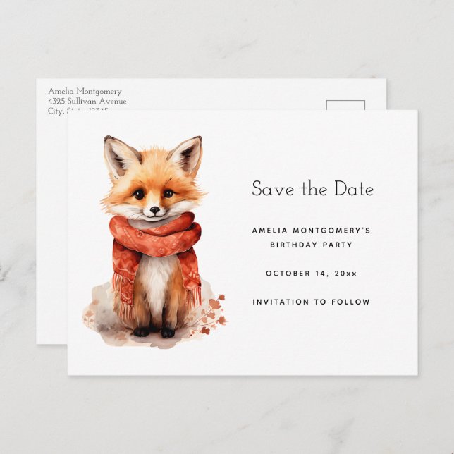 Cute Fox Pup in a Red Scarf Announcement Postcard (Front/Back)