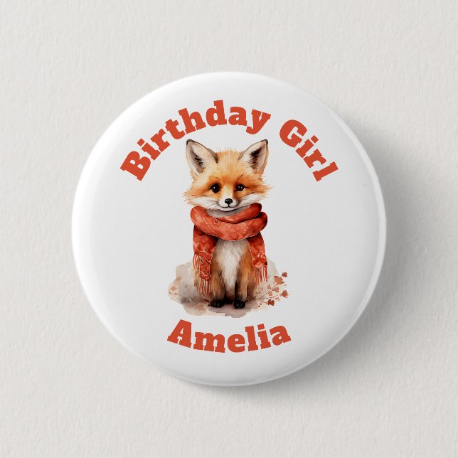 Cute Fox Pup in a Red Scarf Birthday Girl 6 Cm Round Badge (Front)