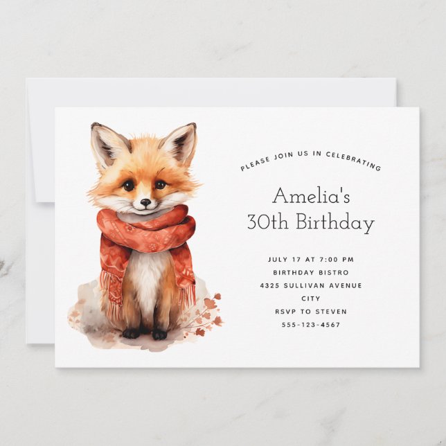 Cute Fox Pup in a Red Scarf Birthday Invitation (Front)