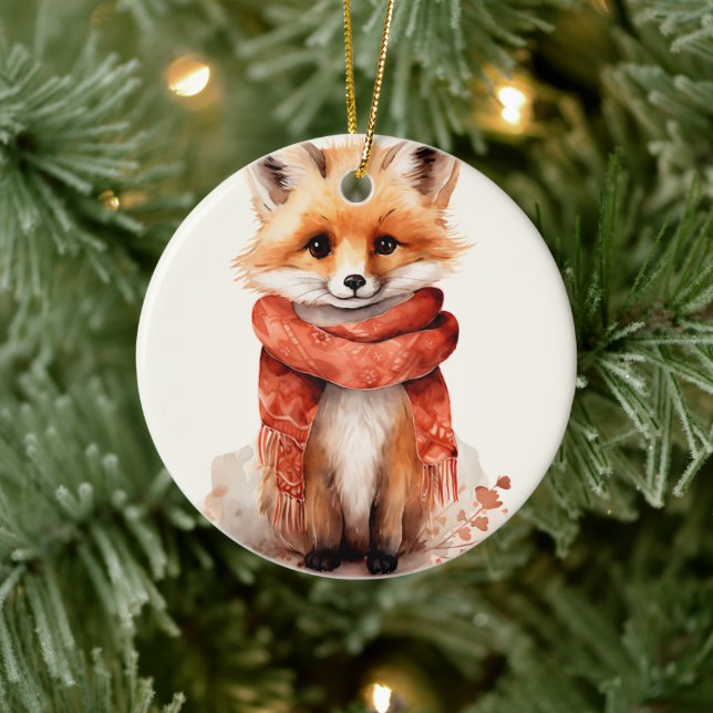 Cute Fox Pup in a Red Scarf Ceramic Tree Decoration (Tree)