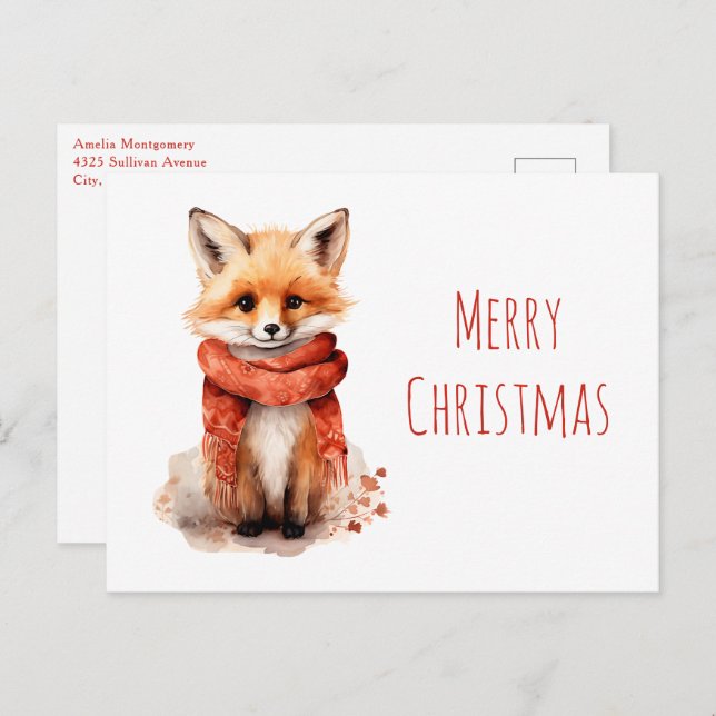Cute Fox Pup in a Red Scarf Christmas Holiday Postcard (Front/Back)