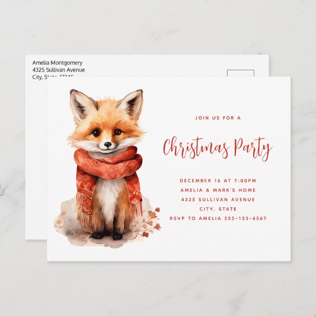 Cute Fox Pup in a Red Scarf Christmas Party Invitation Postcard (Front/Back)
