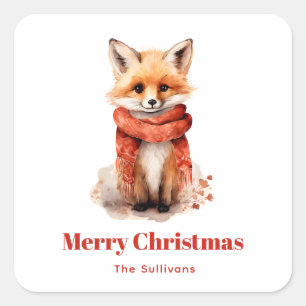 Cute Fox Pup in a Red Scarf Christmas Square Sticker