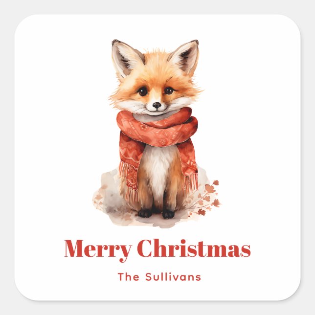 Cute Fox Pup in a Red Scarf Christmas Square Sticker (Front)