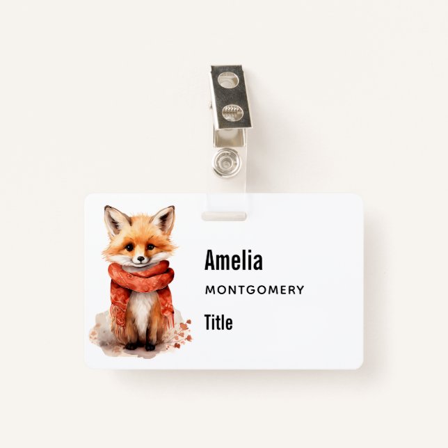 Cute Fox Pup in a Red Scarf ID Badge (Front with Clip)