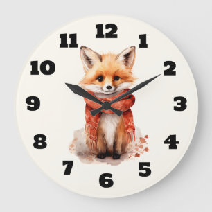 Cute Fox Pup in a Red Scarf Large Clock