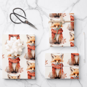 Cute Fox Pup in a Red Scarf Pattern Wrapping Paper Sheet