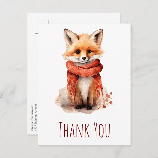 Cute Fox Pup in a Red Scarf Thank You Postcard (Front/Back)
