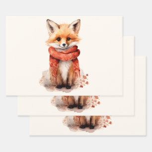 Cute Fox Pup in a Red Scarf Wrapping Paper Sheet