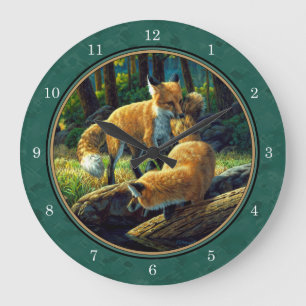 Cute Fox Pups Playing Forest Green Large Clock