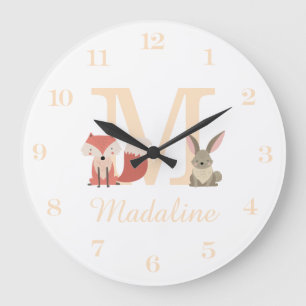 Cute Fox Rabbit Woodland Animals Monogram Large Clock
